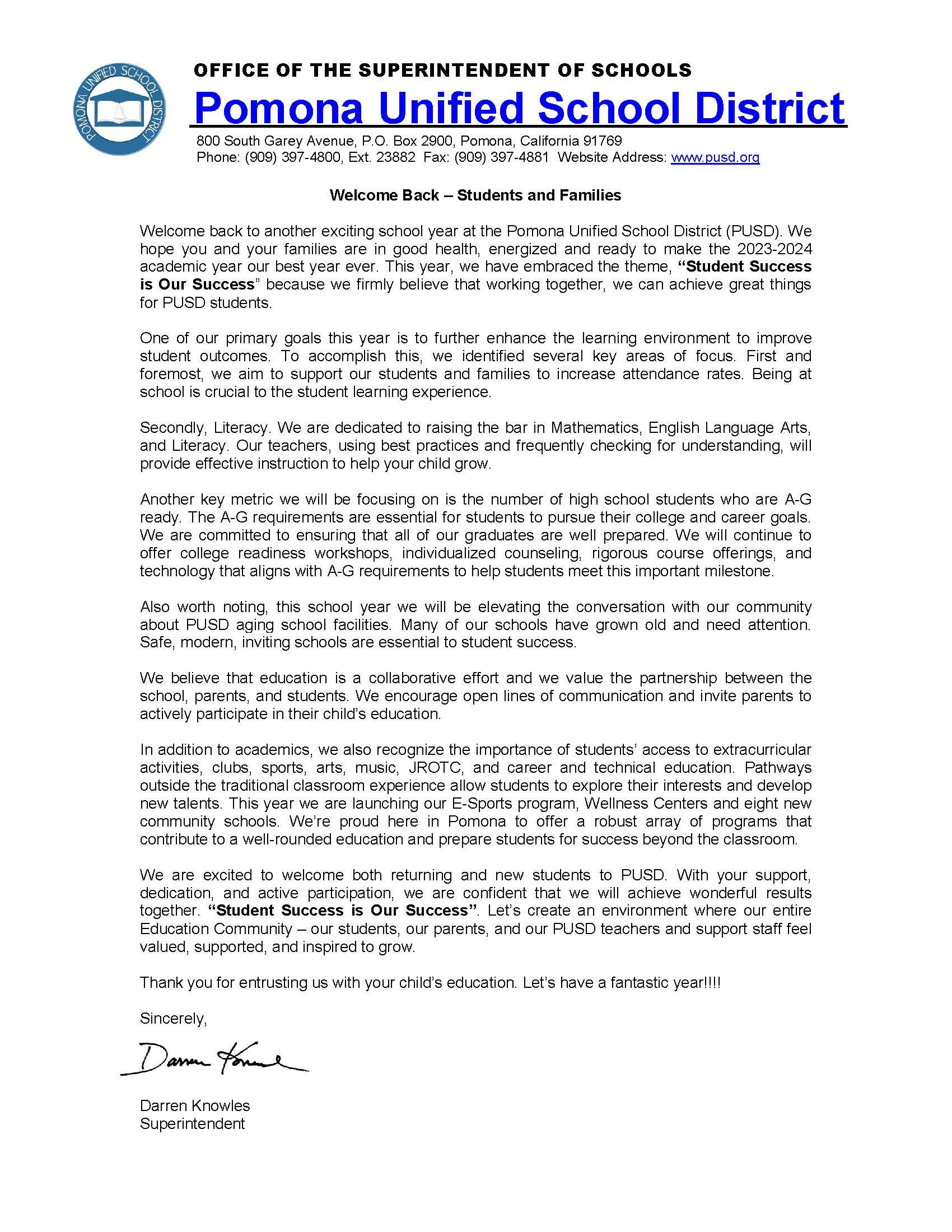 Welcome Back Letter from Superintendent - ENG